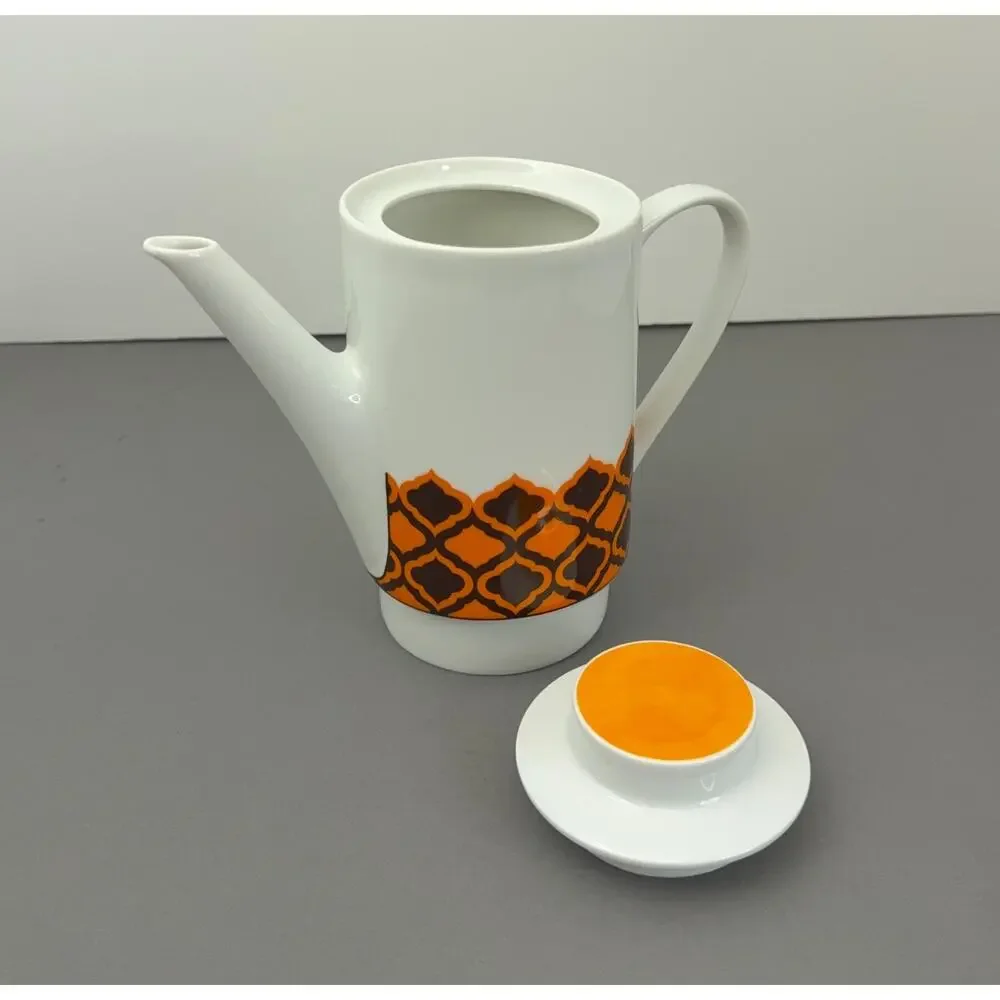 VTG Melitta Germany Coffee Pot White Orange Brown Geometric Atomic MCM Porcelain